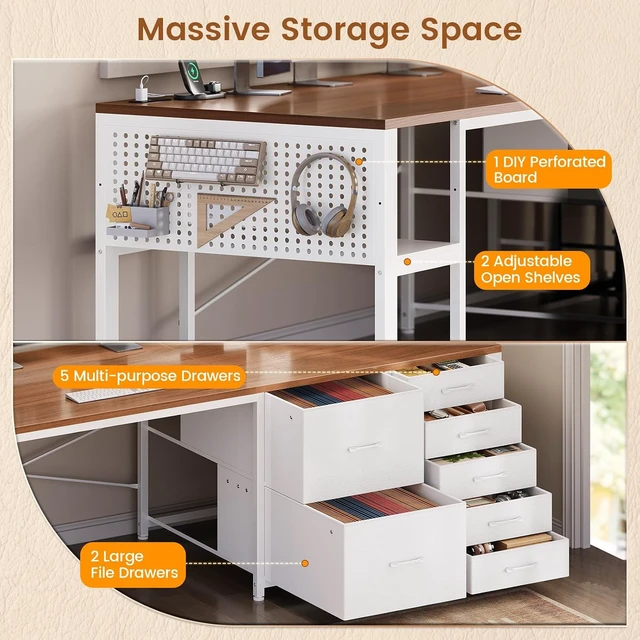 Alt view image 7 of 7 - Computer Desk with 7 Drawers,78.7" Long Office Desk with Pegboard and Adjustable Storage,Gaming Desk with Power Outlet and USB-C Port,Large Desk for Home Office,Study,Living Room, Brown+White