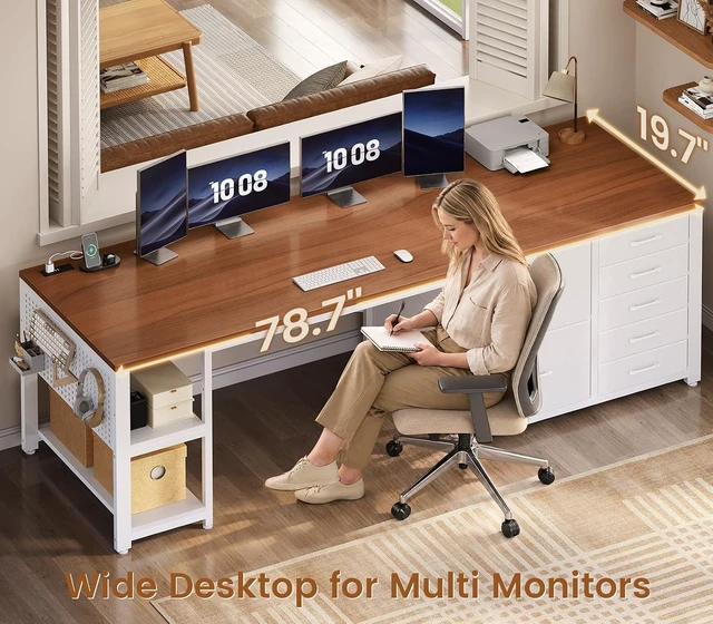Alt view image 6 of 7 - Computer Desk with 7 Drawers,78.7" Long Office Desk with Pegboard and Adjustable Storage,Gaming Desk with Power Outlet and USB-C Port,Large Desk for Home Office,Study,Living Room, Brown+White