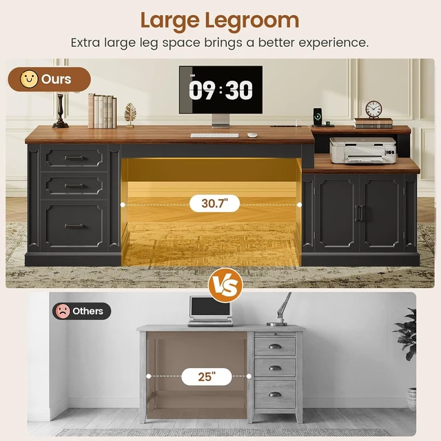Alt view image 7 of 7 - Farmhouse 70.9" Executive Desk, Home Office Desk with File Drawers and Storage Cabinet, Computer Desk with Power Outlet for Home Office, Work Study Writing, Black+Brown
