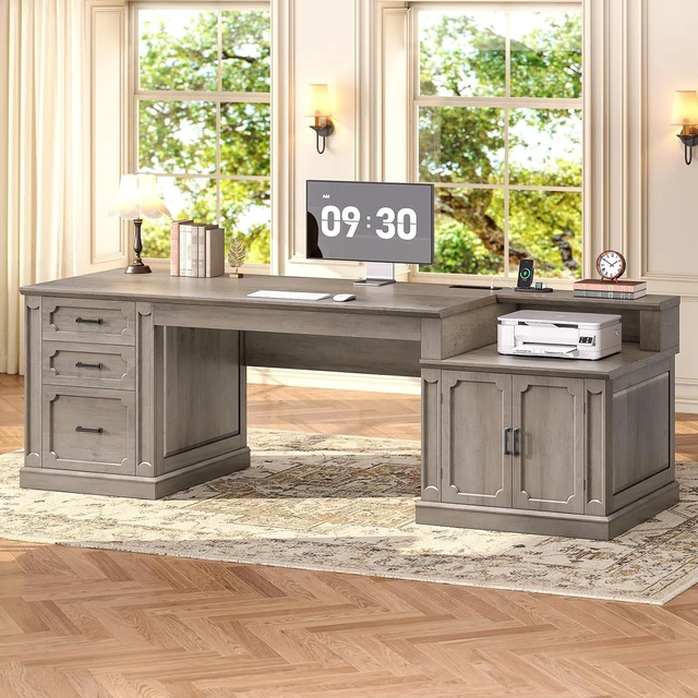 Alt view image 4 of 7 - Farmhouse 70.9" Executive Desk, Home Office Desk with File Drawers and Storage Cabinet, Computer Desk with Power Outlet for Home Office, Work Study Writing, Grey