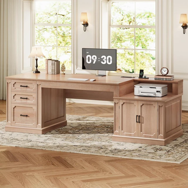 Main image of Farmhouse 70.9" Executive Desk, Home Office Desk with File Drawers and Storage Cabinet, Computer Desk with Power Outlet for Home Office, Work Study Writing, Oak