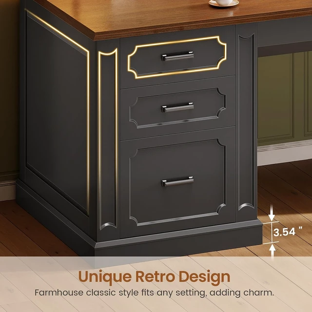 Alt view image 3 of 7 - 67" Farmhouse Executive L Shaped Desk with Hutch & Storage, Office Desks with 4 Drawers & Storage Cabinet,Executive Desk with Cabinet Doors,File Drawer,Power Outlet, Black+Brown