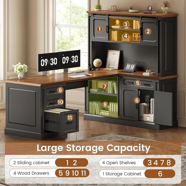 Alt view image 5 of 7 - 67" Farmhouse Executive L Shaped Desk with Hutch & Storage, Office Desks with 4 Drawers & Storage Cabinet,Executive Desk with Cabinet Doors,File Drawer,Power Outlet, Black+Brown