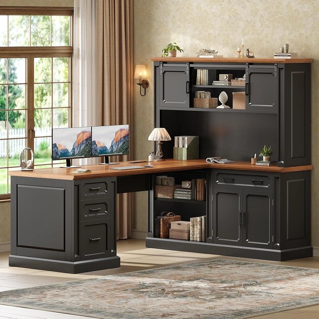 Main image of 67" Farmhouse Executive L Shaped Desk with Hutch & Storage, Office Desks with 4 Drawers & Storage Cabinet,Executive Desk with Cabinet Doors,File Drawer,Power Outlet, Black+Brown