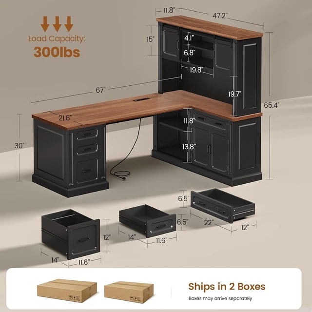 Alt view image 2 of 7 - 67" Farmhouse Executive L Shaped Desk with Hutch & Storage, Office Desks with 4 Drawers & Storage Cabinet,Executive Desk with Cabinet Doors,File Drawer,Power Outlet, Black+Brown