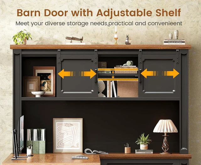 Alt view image 4 of 7 - 67" Farmhouse Executive L Shaped Desk with Hutch & Storage, Office Desks with 4 Drawers & Storage Cabinet,Executive Desk with Cabinet Doors,File Drawer,Power Outlet, Black+Brown