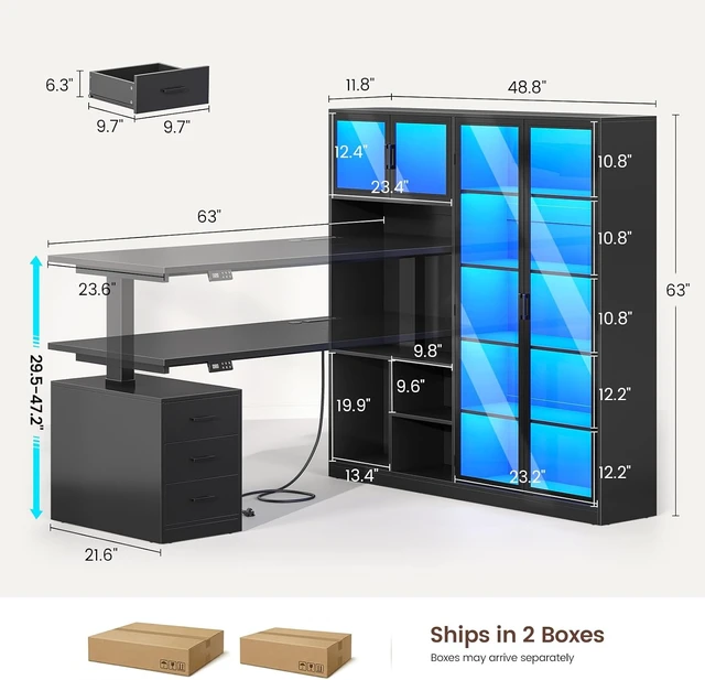 Alt view image 2 of 7 - 63 L Shaped Electric Standing Gaming Desk with Glass Display Cabinet, LED Lights and Storage Drawers, Height Adjustable Desk with Storage Shelves, Power Outlet for Home Office, Corner, Black