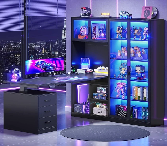 Main image of 63 L Shaped Electric Standing Gaming Desk with Glass Display Cabinet, LED Lights and Storage Drawers, Height Adjustable Desk with Storage Shelves, Power Outlet for Home Office, Corner, Black