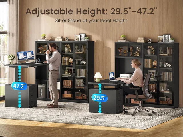 Alt view image 6 of 7 - 63 L Shaped Electric Standing Gaming Desk with Glass Display Cabinet, LED Lights and Storage Drawers, Height Adjustable Desk with Storage Shelves, Power Outlet for Home Office, Corner, Black
