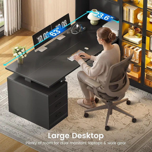 Alt view image 4 of 7 - 63 L Shaped Electric Standing Gaming Desk with Glass Display Cabinet, LED Lights and Storage Drawers, Height Adjustable Desk with Storage Shelves, Power Outlet for Home Office, Corner, Black