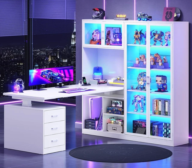 Main image of 63 L Shaped Electric Standing Gaming Desk with Glass Display Cabinet, LED Lights and Storage Drawers, Height Adjustable Desk with Storage Shelves, Power Outlet for Home Office, Corner, White