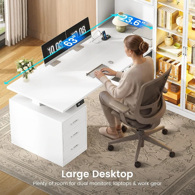 Alt view image 5 of 7 - 63 L Shaped Electric Standing Gaming Desk with Glass Display Cabinet, LED Lights and Storage Drawers, Height Adjustable Desk with Storage Shelves, Power Outlet for Home Office, Corner, White