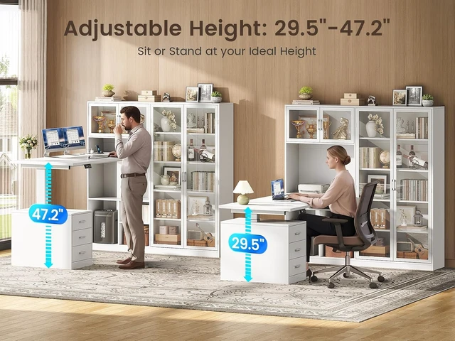 Alt view image 7 of 7 - 63 L Shaped Electric Standing Gaming Desk with Glass Display Cabinet, LED Lights and Storage Drawers, Height Adjustable Desk with Storage Shelves, Power Outlet for Home Office, Corner, White