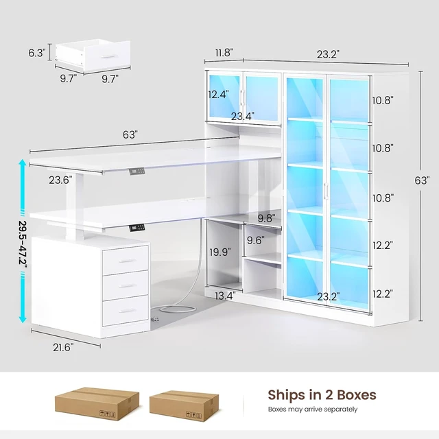 Alt view image 2 of 7 - 63 L Shaped Electric Standing Gaming Desk with Glass Display Cabinet, LED Lights and Storage Drawers, Height Adjustable Desk with Storage Shelves, Power Outlet for Home Office, Corner, White
