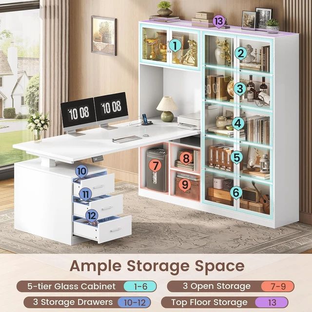 Alt view image 3 of 7 - 63 L Shaped Electric Standing Gaming Desk with Glass Display Cabinet, LED Lights and Storage Drawers, Height Adjustable Desk with Storage Shelves, Power Outlet for Home Office, Corner, White