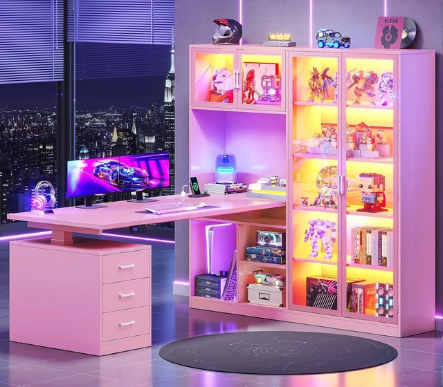 Main image of 63 L Shaped Electric Standing Gaming Desk with Glass Display Cabinet, LED Lights and Storage Drawers, Height Adjustable Desk with Storage Shelves, Power Outlet for Home Office, Corner, Pink