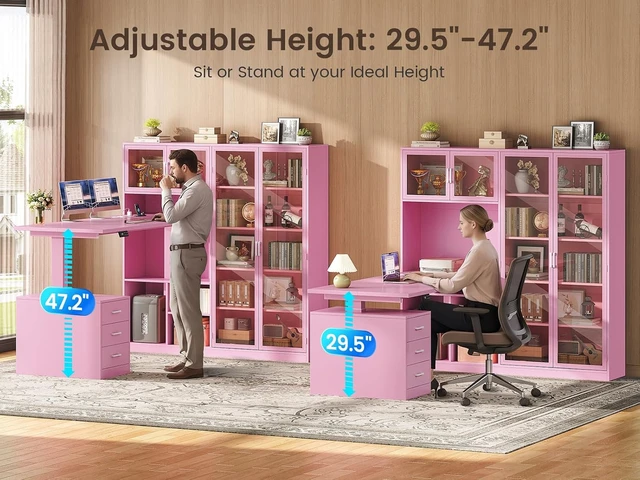 Alt view image 4 of 7 - 63 L Shaped Electric Standing Gaming Desk with Glass Display Cabinet, LED Lights and Storage Drawers, Height Adjustable Desk with Storage Shelves, Power Outlet for Home Office, Corner, Pink