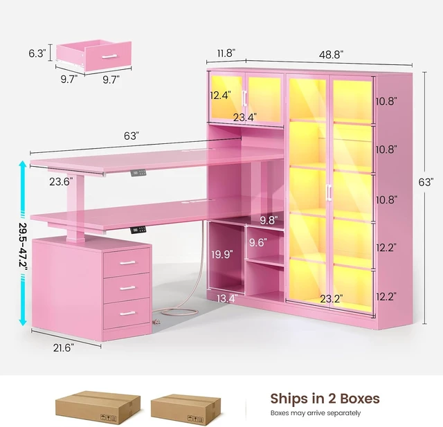 Alt view image 2 of 7 - 63 L Shaped Electric Standing Gaming Desk with Glass Display Cabinet, LED Lights and Storage Drawers, Height Adjustable Desk with Storage Shelves, Power Outlet for Home Office, Corner, Pink