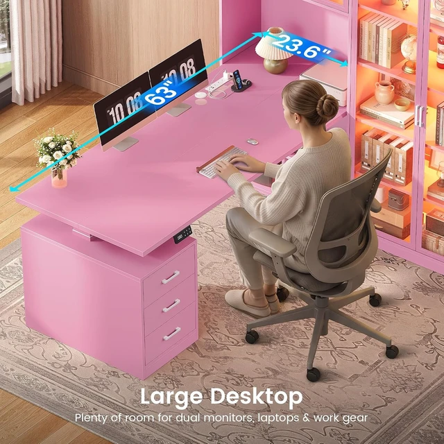 Alt view image 7 of 7 - 63 L Shaped Electric Standing Gaming Desk with Glass Display Cabinet, LED Lights and Storage Drawers, Height Adjustable Desk with Storage Shelves, Power Outlet for Home Office, Corner, Pink