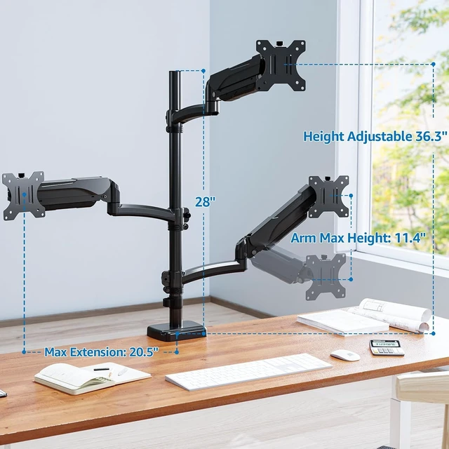 Alt view image 2 of 7 - Triple Monitor Mount Fits Max 32" Computer Screen Triple Stand, Holds up to 17.6lbs Each Arm, 3 Monitor Desk Mount, Triple Arm with Tilt Swivel Rotation, VESA Mount 75/100mm