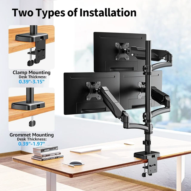 Alt view image 5 of 7 - Triple Monitor Mount Fits Max 32" Computer Screen Triple Stand, Holds up to 17.6lbs Each Arm, 3 Monitor Desk Mount, Triple Arm with Tilt Swivel Rotation, VESA Mount 75/100mm