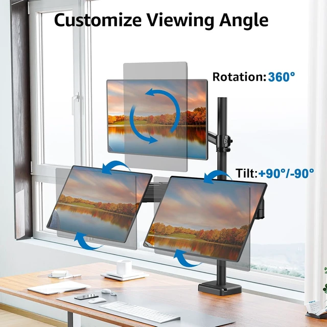 Alt view image 3 of 7 - Triple Monitor Mount Fits Max 32" Computer Screen Triple Stand, Holds up to 17.6lbs Each Arm, 3 Monitor Desk Mount, Triple Arm with Tilt Swivel Rotation, VESA Mount 75/100mm