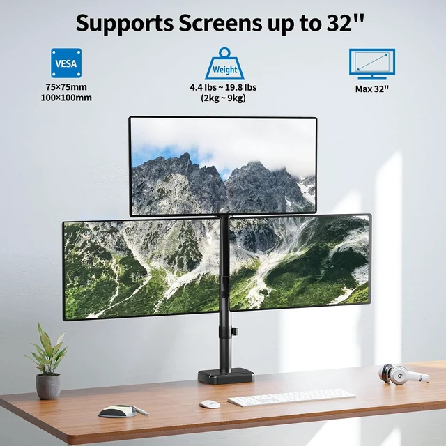 Alt view image 7 of 7 - Triple Monitor Mount Fits Max 32" Computer Screen Triple Stand, Holds up to 17.6lbs Each Arm, 3 Monitor Desk Mount, Triple Arm with Tilt Swivel Rotation, VESA Mount 75/100mm