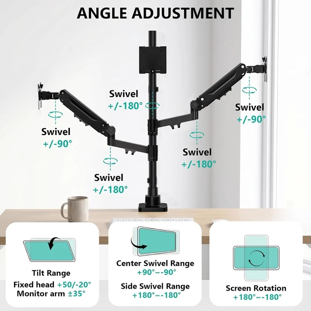 Alt view image 3 of 7 - Stacked Triple Monitor Mount for 49" UItrawides and Dual 34" Monitors, Heavy Duty 3 Monitor Desk Mount Arm up to 44 lbs, Full Motion with Tilt, Swivel, Rotation, C-Clamp, VESA 75/100mm, Black