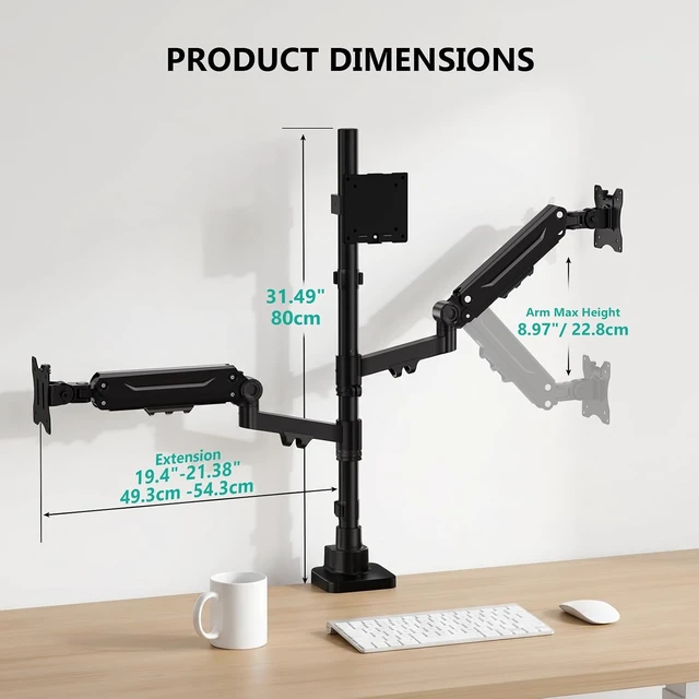 Alt view image 2 of 7 - Stacked Triple Monitor Mount for 49" UItrawides and Dual 34" Monitors, Heavy Duty 3 Monitor Desk Mount Arm up to 44 lbs, Full Motion with Tilt, Swivel, Rotation, C-Clamp, VESA 75/100mm, Black