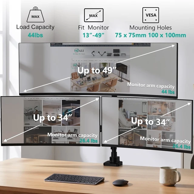 Alt view image 7 of 7 - Stacked Triple Monitor Mount for 49" UItrawides and Dual 34" Monitors, Heavy Duty 3 Monitor Desk Mount Arm up to 44 lbs, Full Motion with Tilt, Swivel, Rotation, C-Clamp, VESA 75/100mm, Black