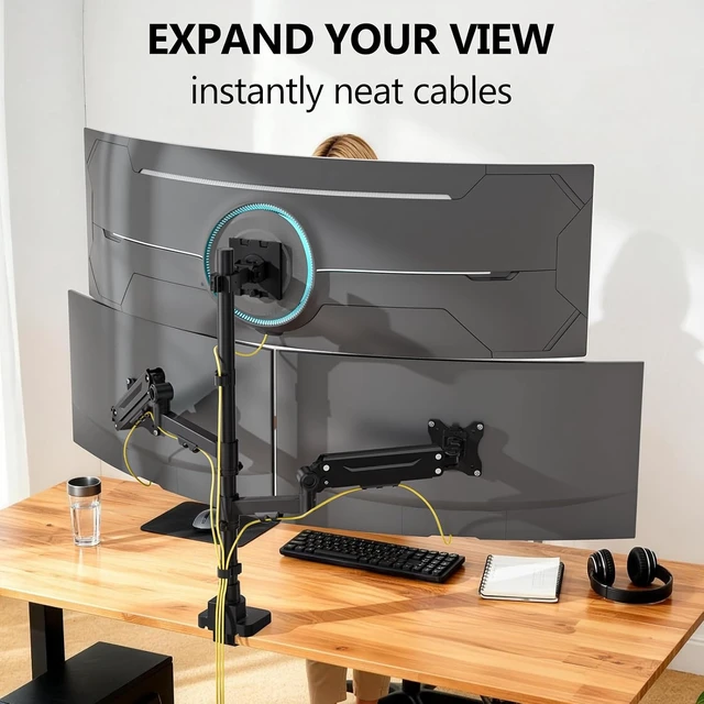 Alt view image 4 of 7 - Stacked Triple Monitor Mount for 49" UItrawides and Dual 34" Monitors, Heavy Duty 3 Monitor Desk Mount Arm up to 44 lbs, Full Motion with Tilt, Swivel, Rotation, C-Clamp, VESA 75/100mm, Black