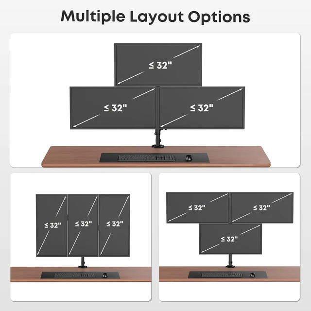 Alt view image 6 of 7 - Triple Monitor Mount for up to 32 Inch Screens, Heavy Duty Gas Spring, Full Motion Arm, Tilt Swivel Rotation, Holds 19.8 lbs per Arm, VESA 75x75/100x100mm, Black