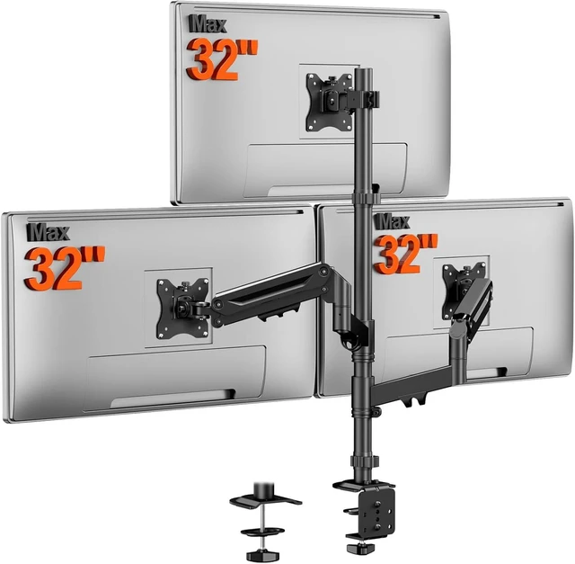 Main image of Triple Monitor Mount for up to 32 Inch Screens, Heavy Duty Gas Spring, Full Motion Arm, Tilt Swivel Rotation, Holds 19.8 lbs per Arm, VESA 75x75/100x100mm, Black