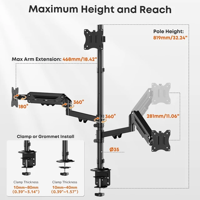 Alt view image 2 of 7 - Triple Monitor Mount for up to 32 Inch Screens, Heavy Duty Gas Spring, Full Motion Arm, Tilt Swivel Rotation, Holds 19.8 lbs per Arm, VESA 75x75/100x100mm, Black