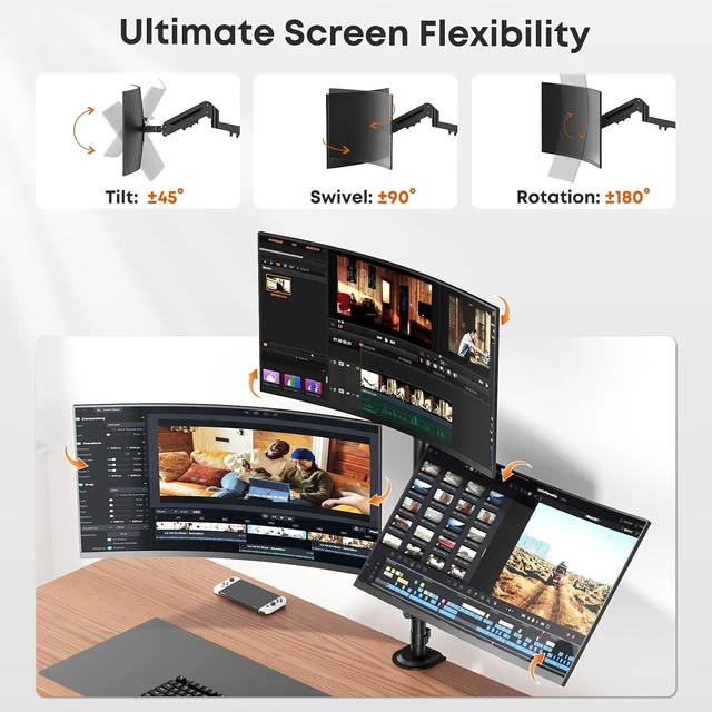 Alt view image 7 of 7 - Triple Monitor Mount for up to 32 Inch Screens, Heavy Duty Gas Spring, Full Motion Arm, Tilt Swivel Rotation, Holds 19.8 lbs per Arm, VESA 75x75/100x100mm, Black