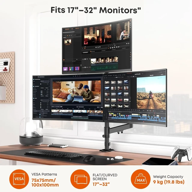 Alt view image 5 of 7 - Triple Monitor Mount for up to 32 Inch Screens, Heavy Duty Gas Spring, Full Motion Arm, Tilt Swivel Rotation, Holds 19.8 lbs per Arm, VESA 75x75/100x100mm, Black