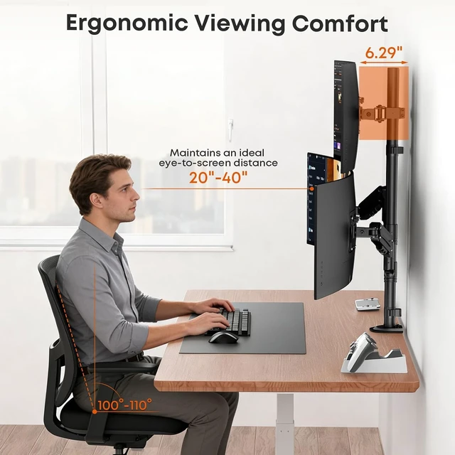 Alt view image 4 of 7 - Triple Monitor Mount for up to 32 Inch Screens, Heavy Duty Gas Spring, Full Motion Arm, Tilt Swivel Rotation, Holds 19.8 lbs per Arm, VESA 75x75/100x100mm, Black