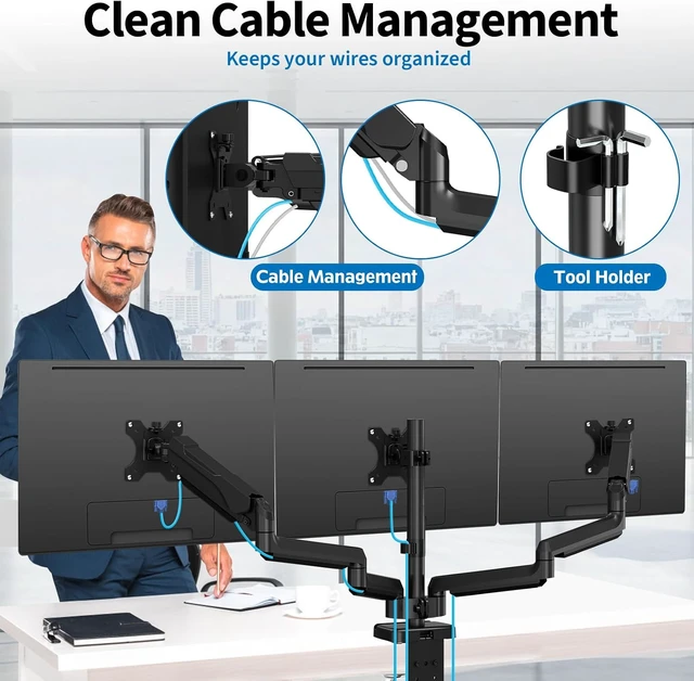 Alt view image 4 of 7 - Triple Monitor Desk Mount for Computer Screens up to 32", Holds up to 19.8 lbs Each, 3 Monitor Arm, Heavy Duty Stand Vesa Mount 75x75, 100x100