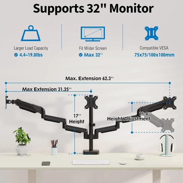 Alt view image 7 of 7 - Triple Monitor Desk Mount for Computer Screens up to 32", Holds up to 19.8 lbs Each, 3 Monitor Arm, Heavy Duty Stand Vesa Mount 75x75, 100x100