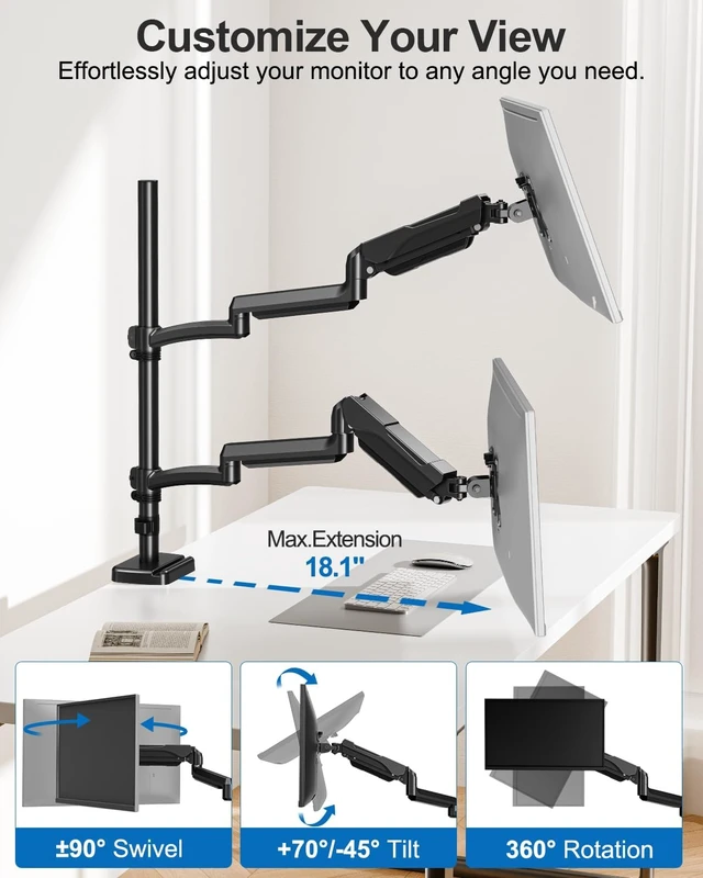Alt view image 7 of 7 - Extra Long Dual Arm Monitor Mount, Fits Max 34" Hold up to 19.8lbs Each, Dual Long Arm Computer Desk Mount, Full Motion Adjustable Stand, Tall Arm with Tilt, Swivel, Rotation, VESA Mount