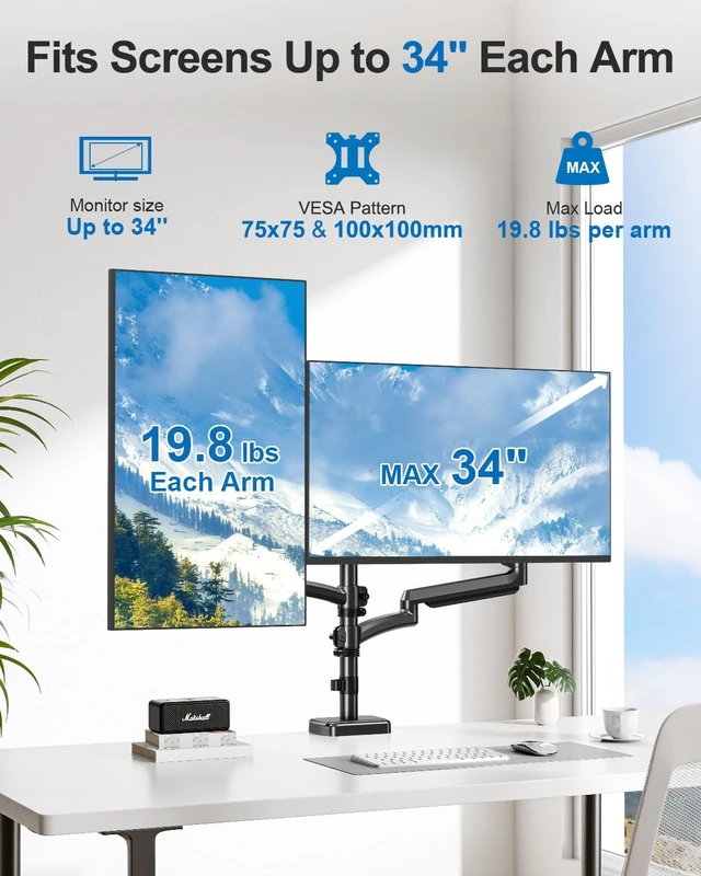 Alt view image 3 of 7 - Extra Long Dual Arm Monitor Mount, Fits Max 34" Hold up to 19.8lbs Each, Dual Long Arm Computer Desk Mount, Full Motion Adjustable Stand, Tall Arm with Tilt, Swivel, Rotation, VESA Mount