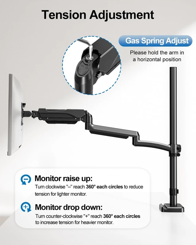 Alt view image 5 of 7 - Extra Long Dual Arm Monitor Mount, Fits Max 34" Hold up to 19.8lbs Each, Dual Long Arm Computer Desk Mount, Full Motion Adjustable Stand, Tall Arm with Tilt, Swivel, Rotation, VESA Mount