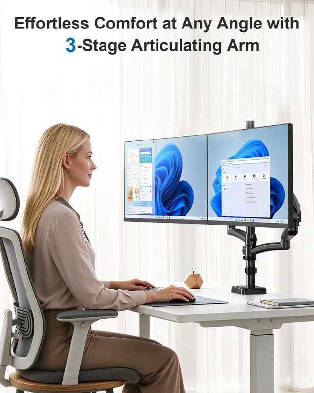 Alt view image 6 of 7 - Extra Long Dual Arm Monitor Mount, Fits Max 34" Hold up to 19.8lbs Each, Dual Long Arm Computer Desk Mount, Full Motion Adjustable Stand, Tall Arm with Tilt, Swivel, Rotation, VESA Mount