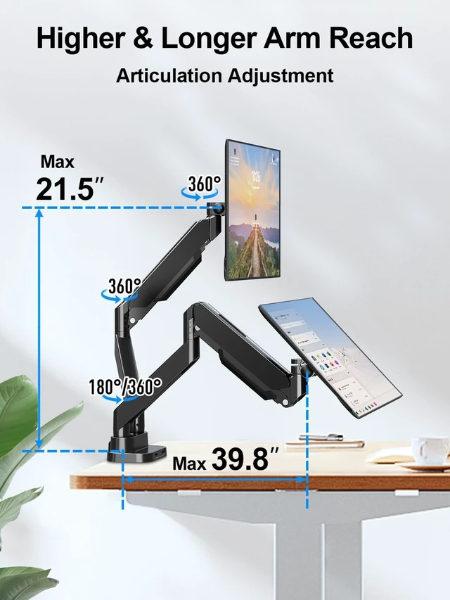 Alt view image 2 of 7 - Dual Monitor Mount Fits Max 39" Computer Screen, Hold 4.4-33 lbs Each Ultrawide Desk Mount, Adjustable Gas Spring Double Monitor Arm, Monitor Stand for 2 Monitors with USB