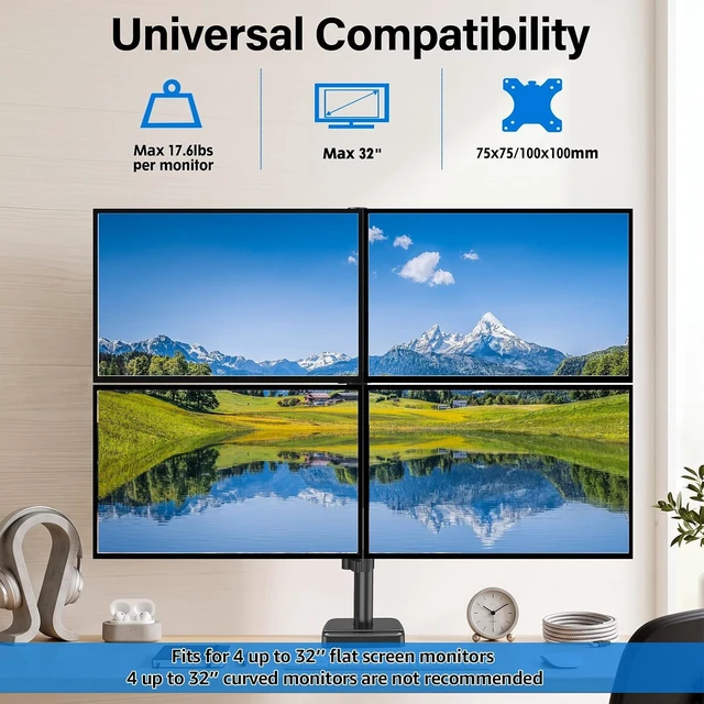 Alt view image 2 of 7 - Quad Monitor Mount for Max 32", 4 Monitor Arm for Desk, Fully Adjustable Stacked 4 Desk Stand, Holds up to 17.6lbs per Arm, VESA Mount