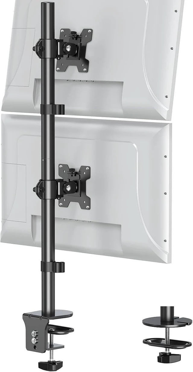 Main image of Vertical Dual Monitor Stand for Max 32 "Computer Screen, Holds up to 17.6 lbs Each Stacked Monitor Mount Height Adjustable, Swivel, Tilt Monitor Desk Mount, VESA 75/100