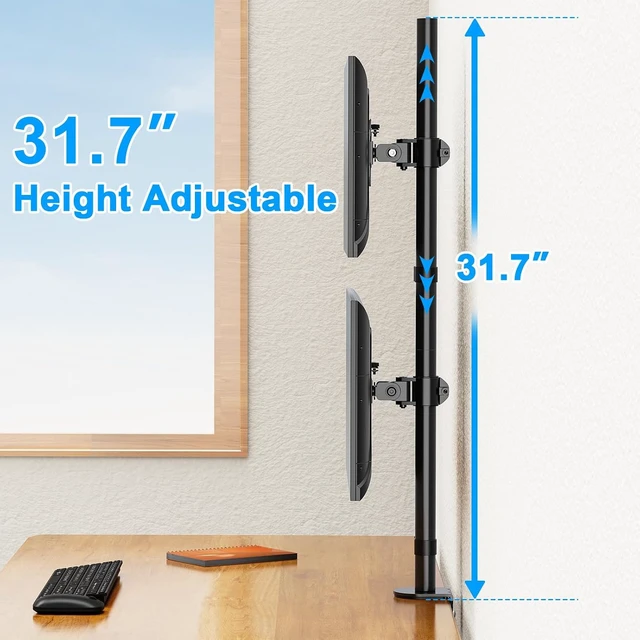 Alt view image 2 of 7 - Vertical Dual Monitor Stand for Max 32 "Computer Screen, Holds up to 17.6 lbs Each Stacked Monitor Mount Height Adjustable, Swivel, Tilt Monitor Desk Mount, VESA 75/100