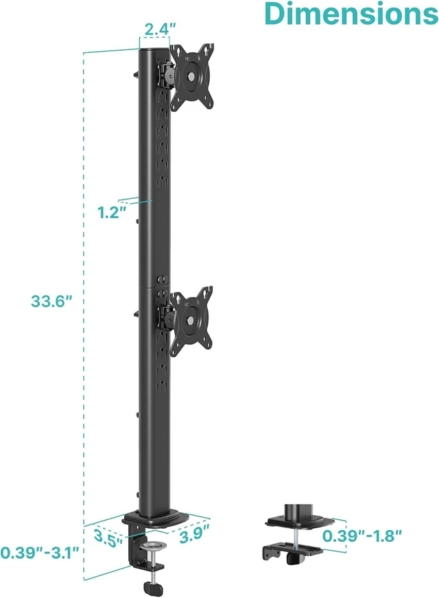 Alt view image 2 of 7 - Vertical Dual Monitor Mount for 1734 Inch Screens, 33 lbs per Arm, Stacked Monitor Stand, 33.1" Extra Tall Pole, Full Motion Height Adjustable Mount, 75/100 VESA, Clamp & Grommet