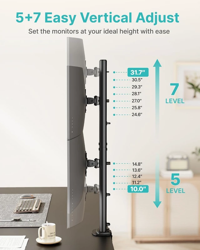 Alt view image 5 of 7 - Vertical Dual Monitor Mount for 1734 Inch Screens, 33 lbs per Arm, Stacked Monitor Stand, 33.1" Extra Tall Pole, Full Motion Height Adjustable Mount, 75/100 VESA, Clamp & Grommet