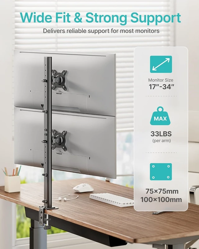 Alt view image 3 of 7 - Vertical Dual Monitor Mount for 1734 Inch Screens, 33 lbs per Arm, Stacked Monitor Stand, 33.1" Extra Tall Pole, Full Motion Height Adjustable Mount, 75/100 VESA, Clamp & Grommet